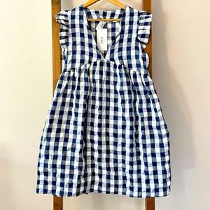 Blue and white gingham dress with ruffle sleeves